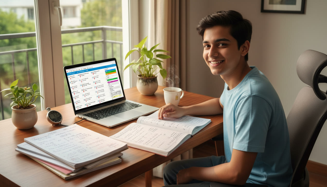 Photo Idea : Student at a desk with open notebooks and coaching sheets, a stopwatch and a laptop showing practice problems.