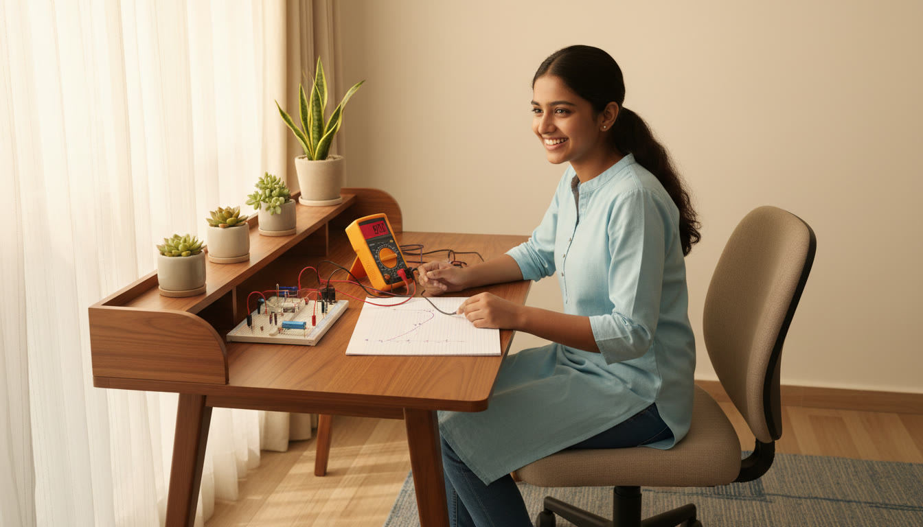 Photo Idea : a student performing a physics experiment with a meter, wires and a neatly drawn graph beside them