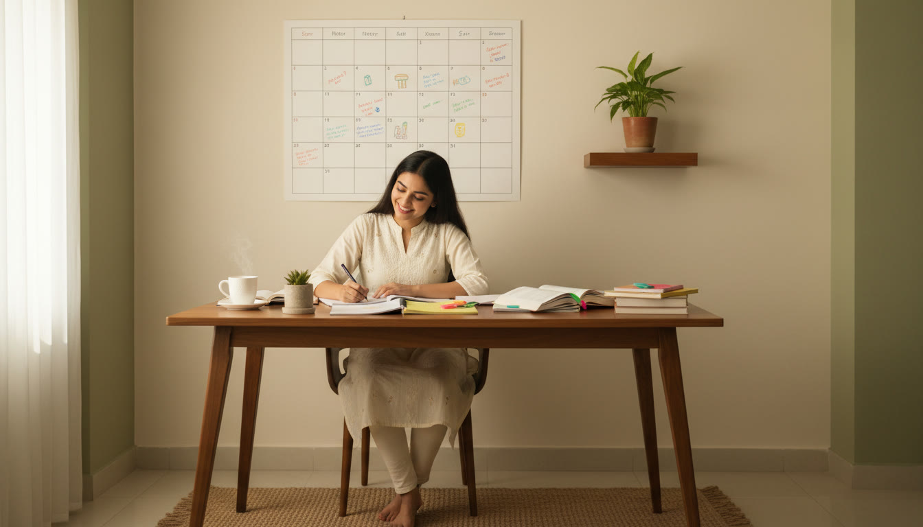 Photo Idea : A student at a tidy desk with notes, a wall calendar showing a four-week plan, and a cup of tea.