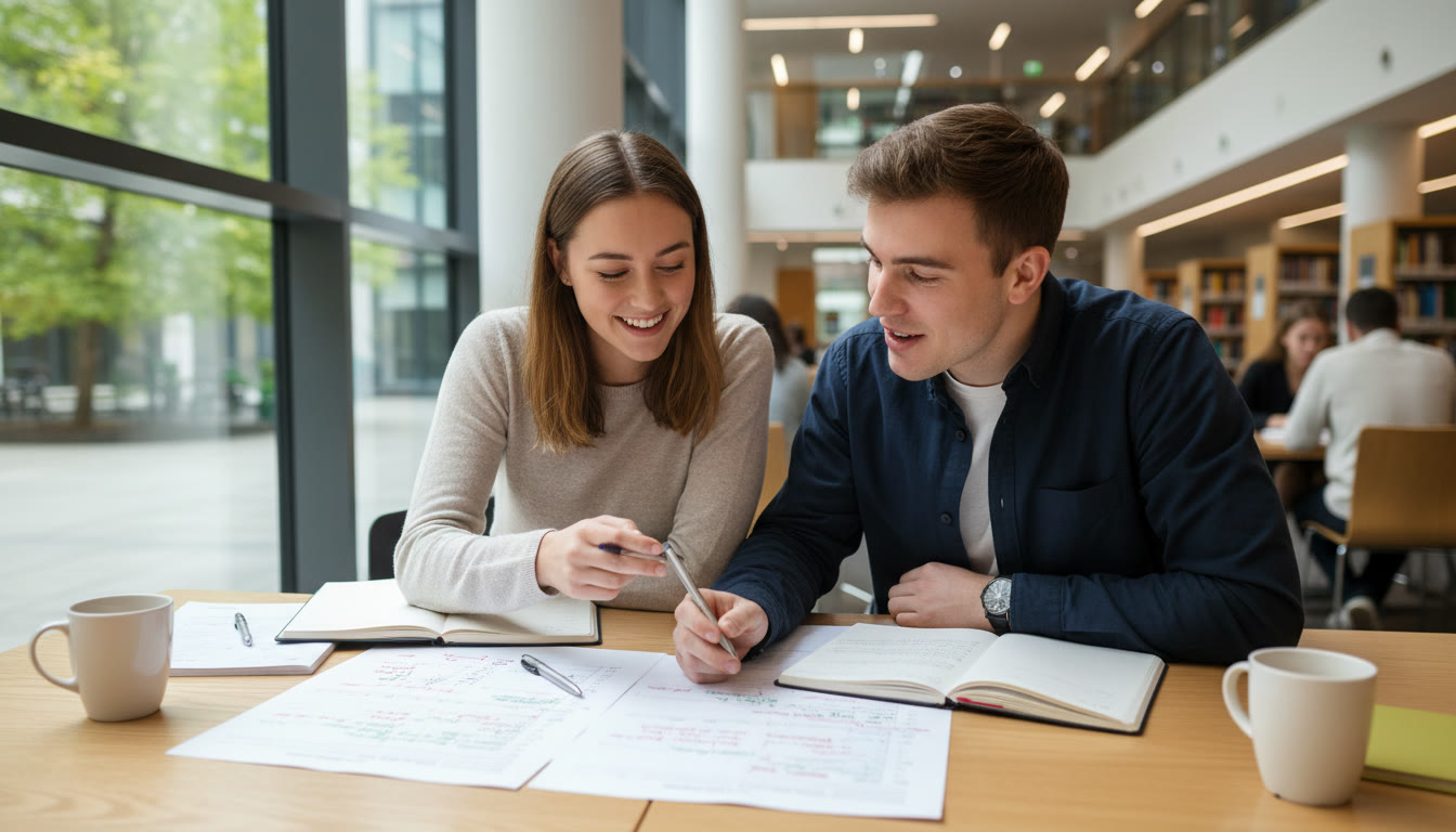 Photo Idea : Two students reviewing a marked past paper and discussing corrections