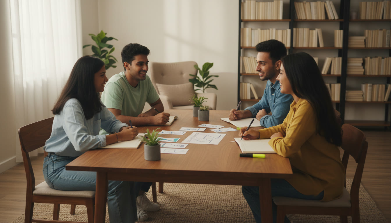 Photo Idea : Small group discussion among students around a table with revision cards and a mock test paper