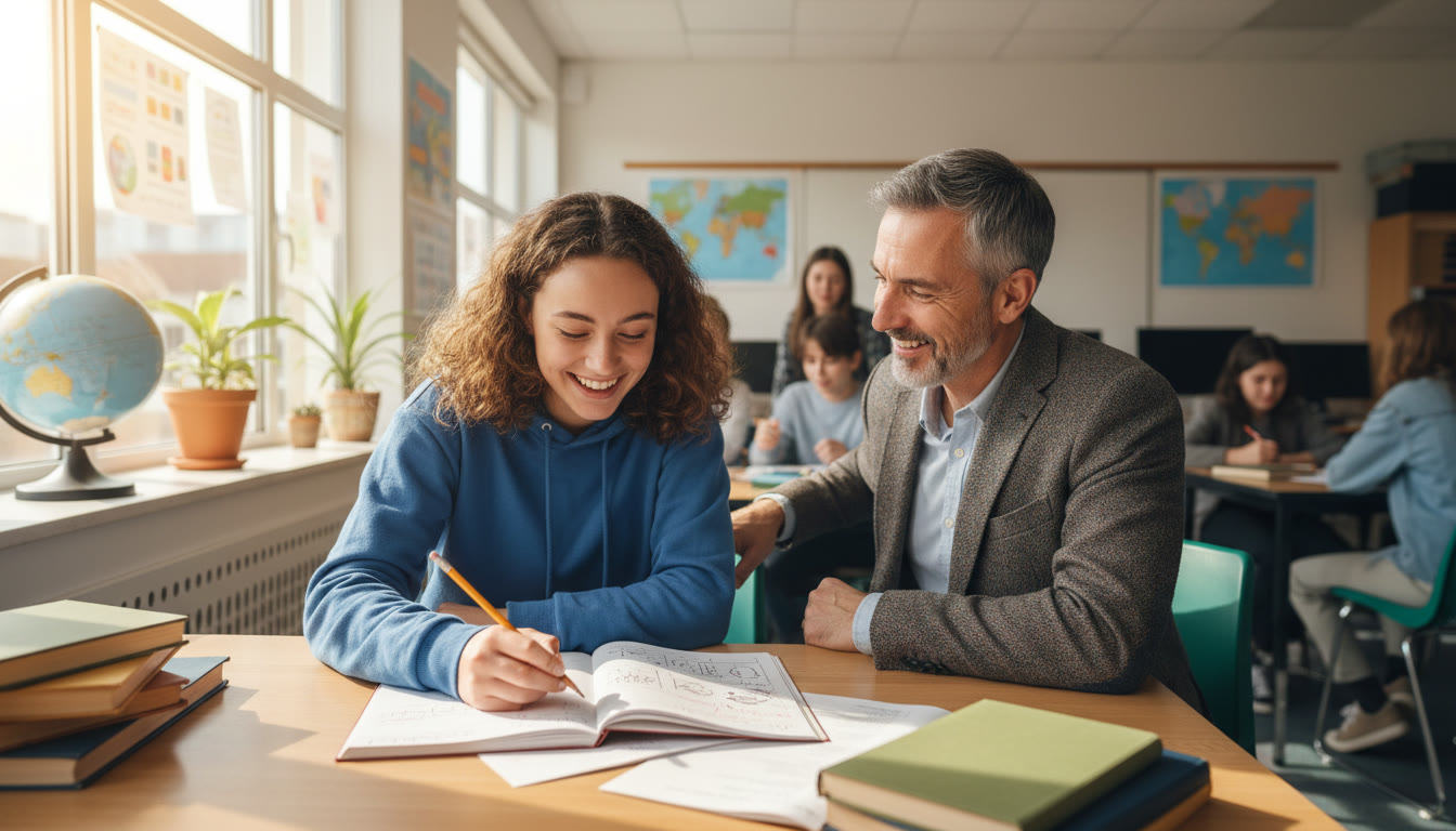 Photo Idea : Student meeting with a teacher in a bright classroom, both smiling over a notebook