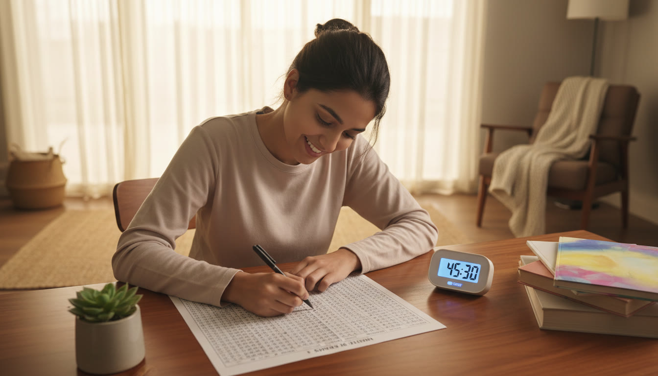 Photo Idea : Student marking answers on an OMR-style sheet with a focused timer and pen on the desk
