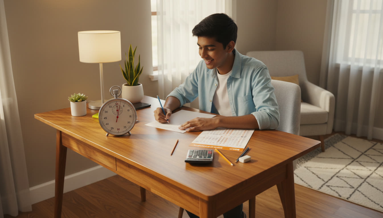 Photo Idea : Student sitting at a desk taking a timed mock test, stopwatch and OMR sheet visible