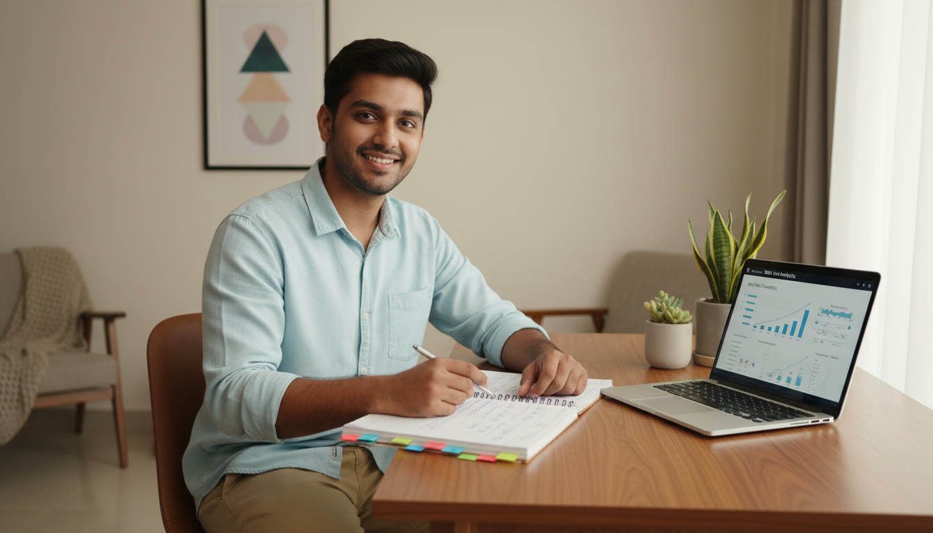 Photo Idea : A student reviewing an error log notebook with colour-coded tabs and a laptop showing mock test analytics.