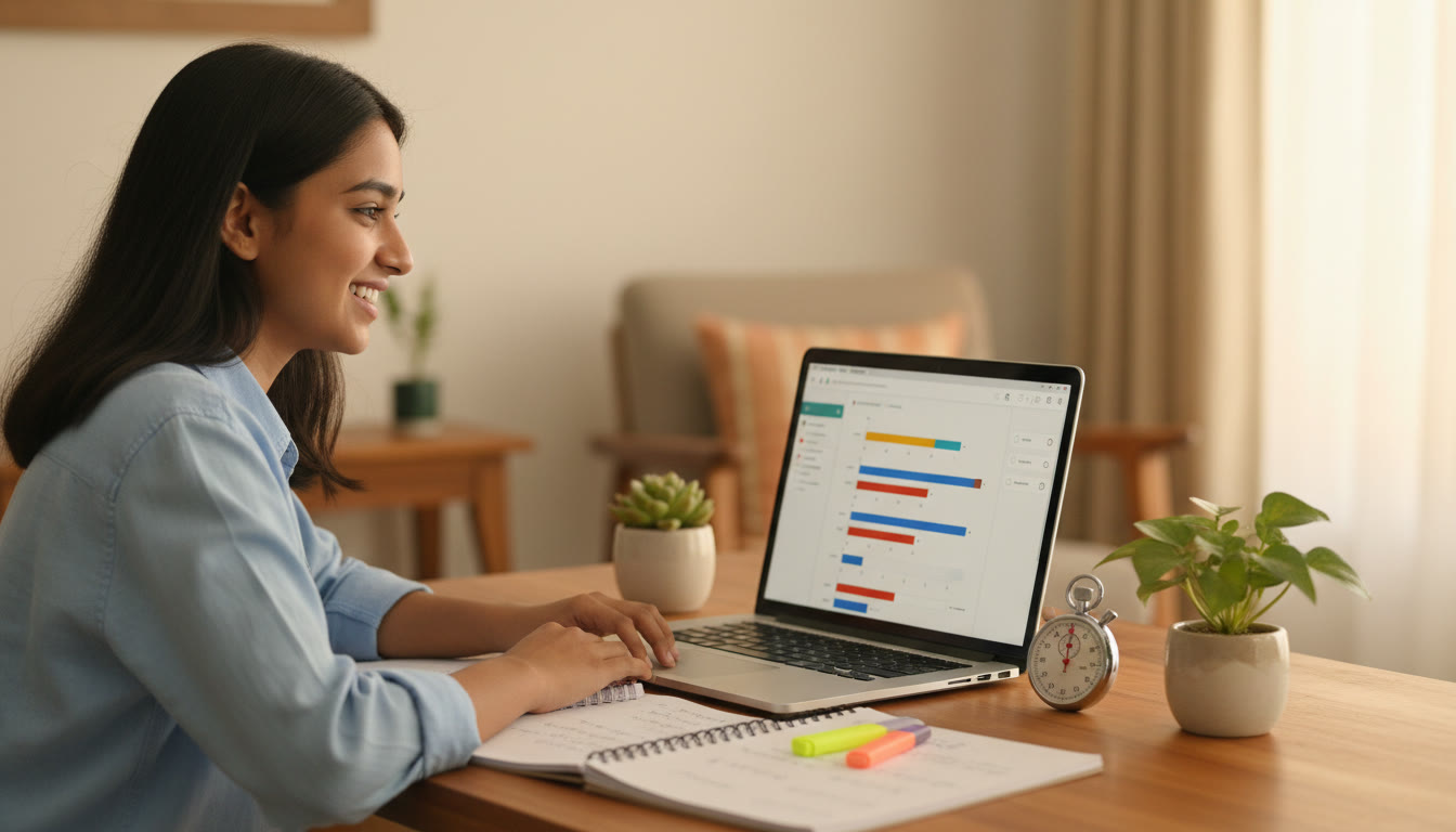 Photo Idea : Student taking a timed mock test on a laptop with a stopwatch and neat handwritten notes nearby