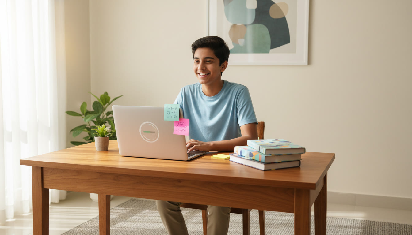 Photo Idea : A focused student at a tidy desk with books, a laptop showing a full-length mock timer, and sticky notes with topics