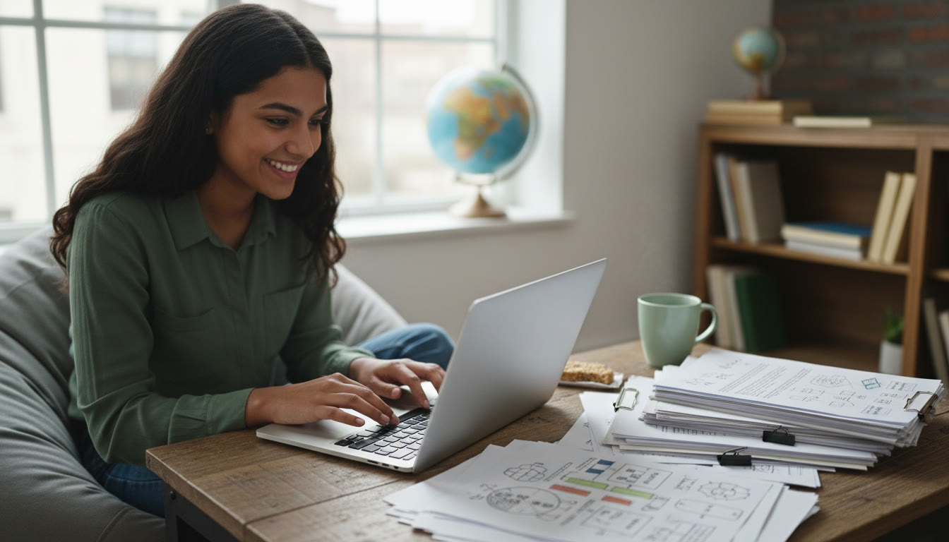 Photo Idea : Close-up of a student polishing an essay on a laptop with printed EE notes nearby
