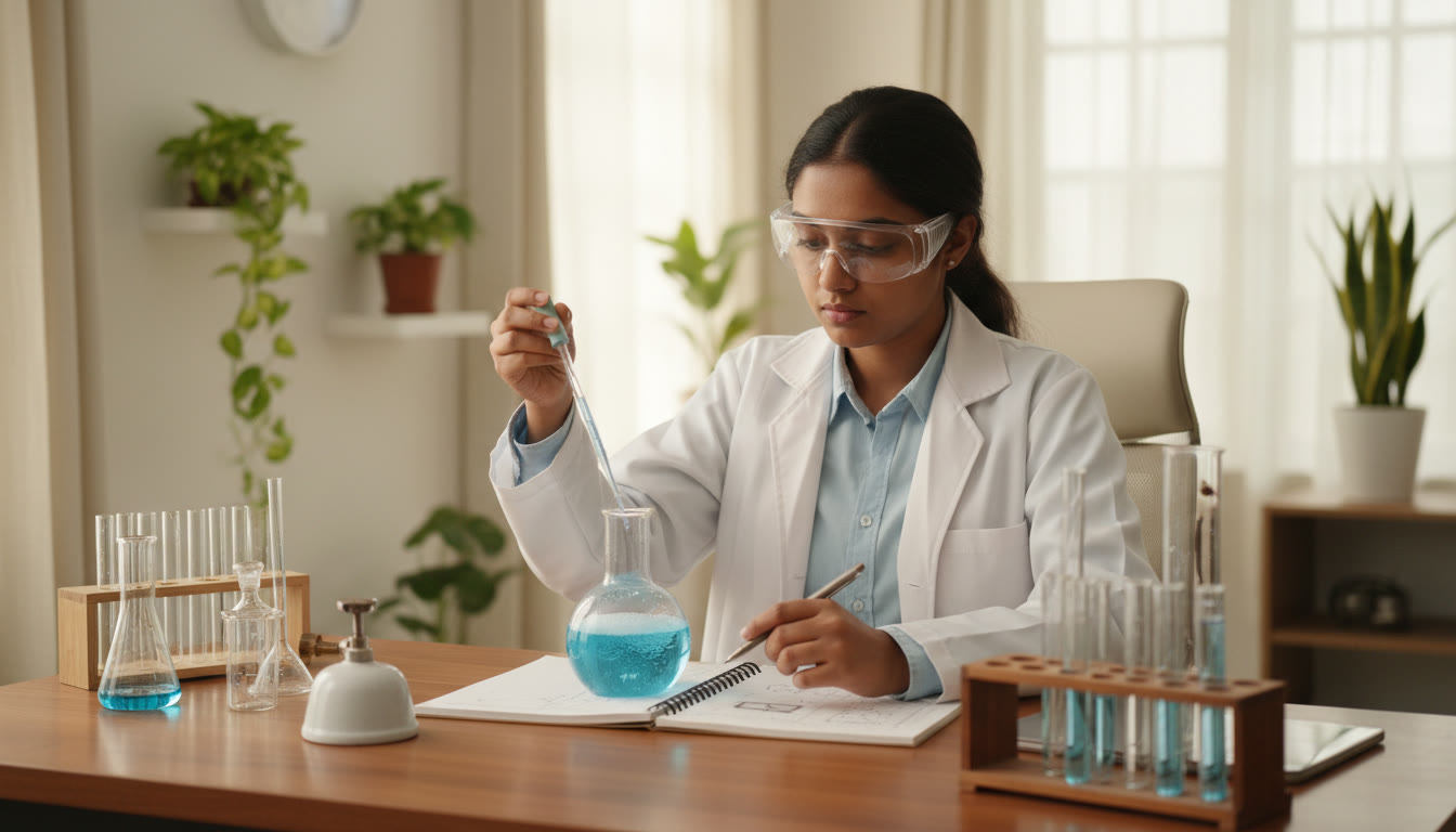 Photo Idea : A focused student working on a lab experiment, safety goggles on, pen poised over a neat lab notebook
