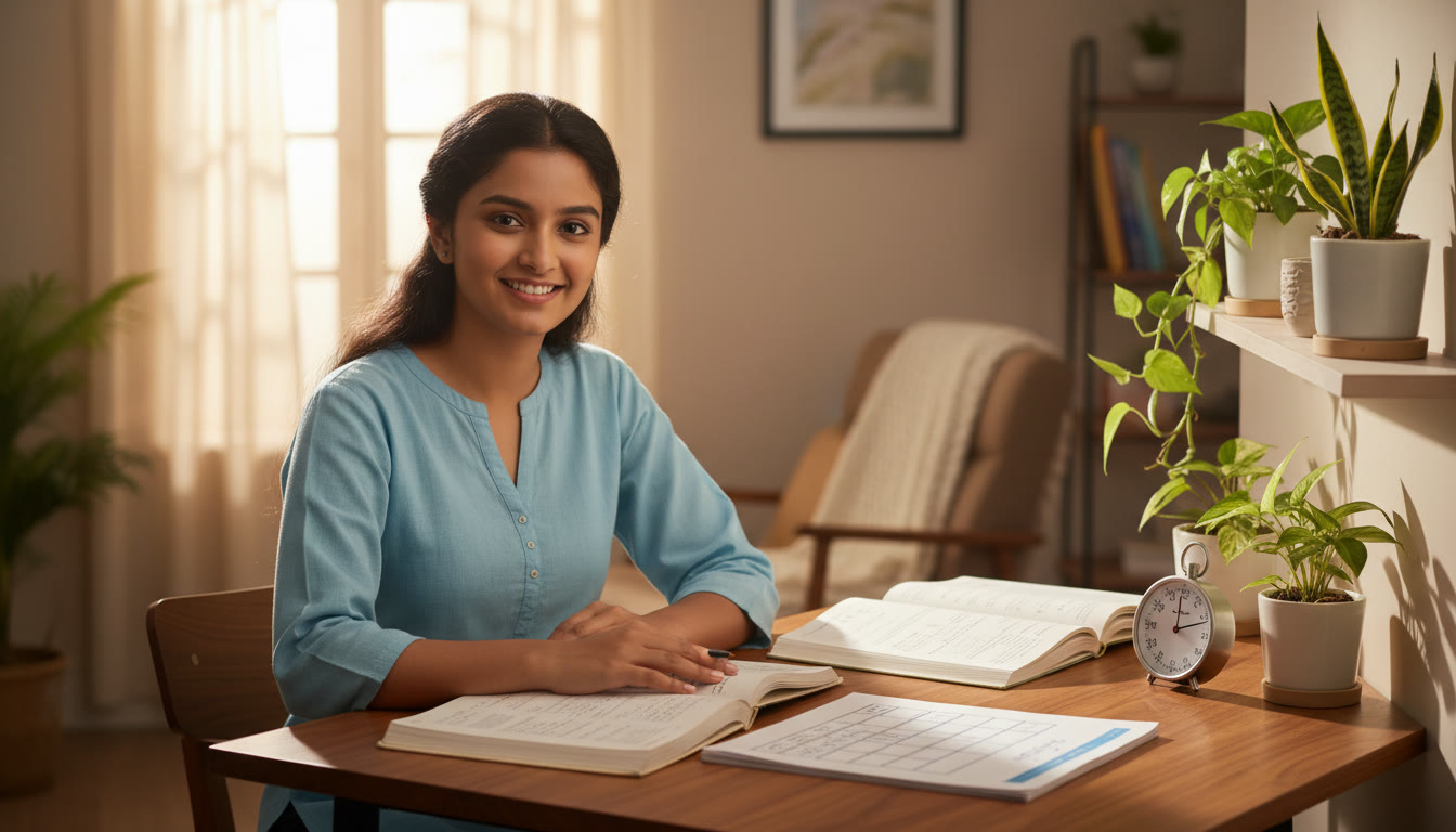 Photo Idea : A student at a desk with open textbooks, a timer, and a neat notebook showing a weekly schedule