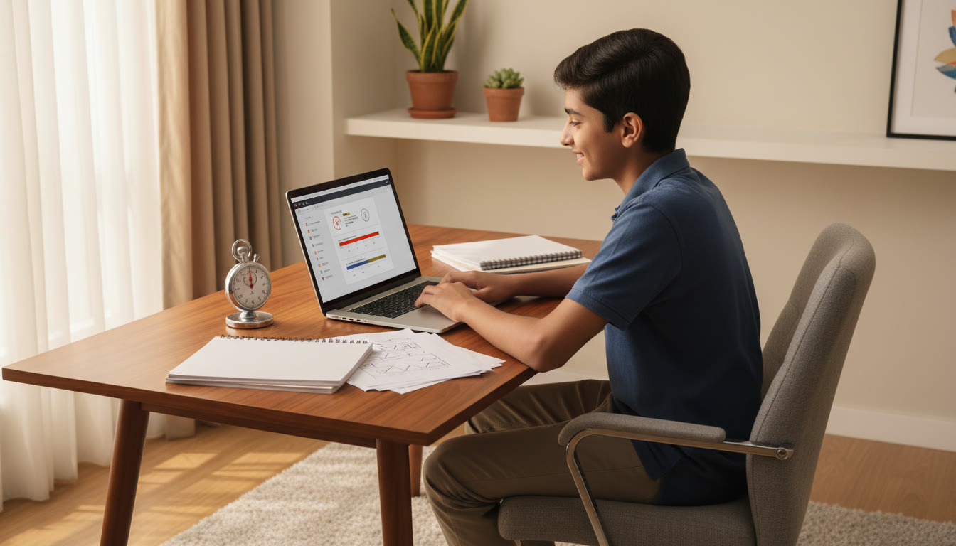 Photo Idea : Student at a desk taking a full-length mock test on a laptop with a stopwatch and notebooks