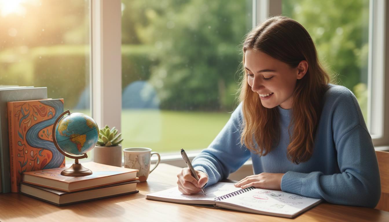 Photo Idea : A focused student writing in a notebook at a study desk with ESS textbooks and a small model globe
