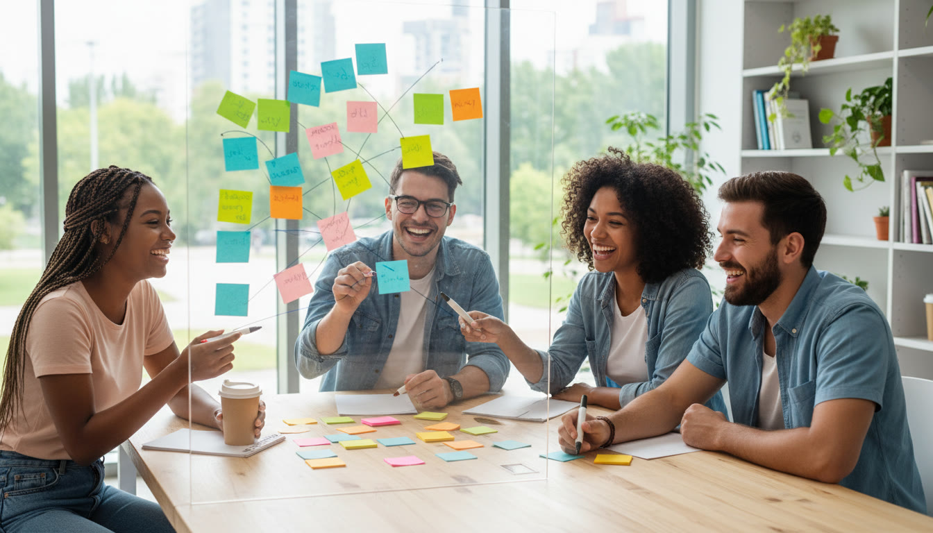 Photo Idea : A small group of diverse IB students sitting around a table, mapping career ideas on colorful sticky notes.