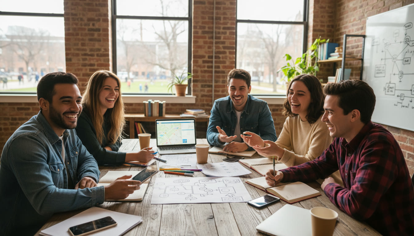 Photo Idea : students planning a community project around a table with notebooks and phones