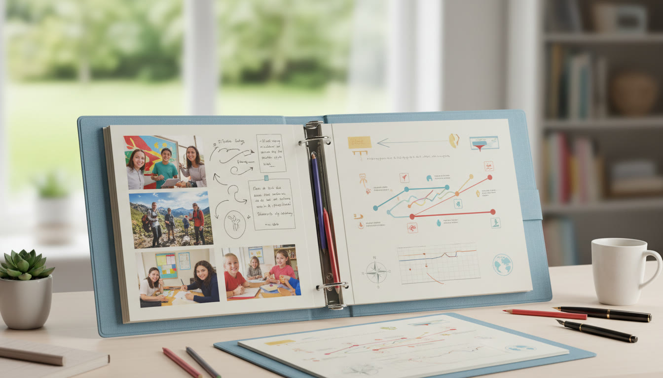 Photo Idea : A tidy CAS portfolio laid out on a desk showing photos, reflection notes, and a timeline chart