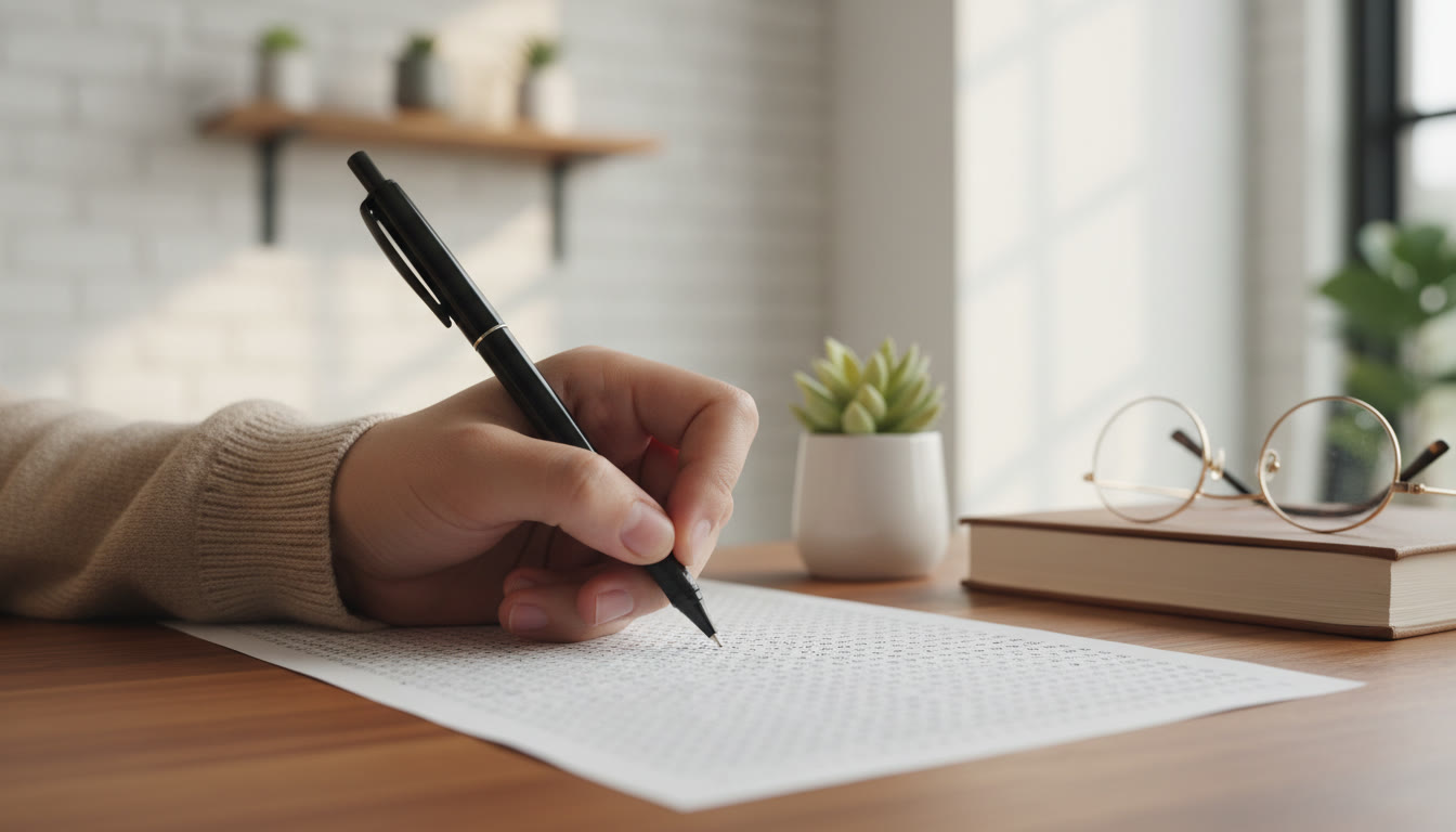 Photo Idea : Close-up of a hand filling a bubble on an OMR-style answer sheet with focused posture and minimal distractions
