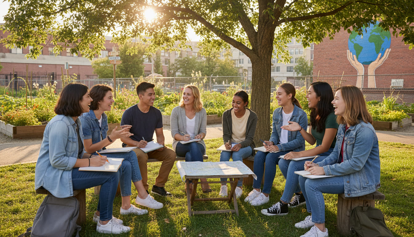 Photo Idea : IB students planning a community project outdoors with notebooks and local partners