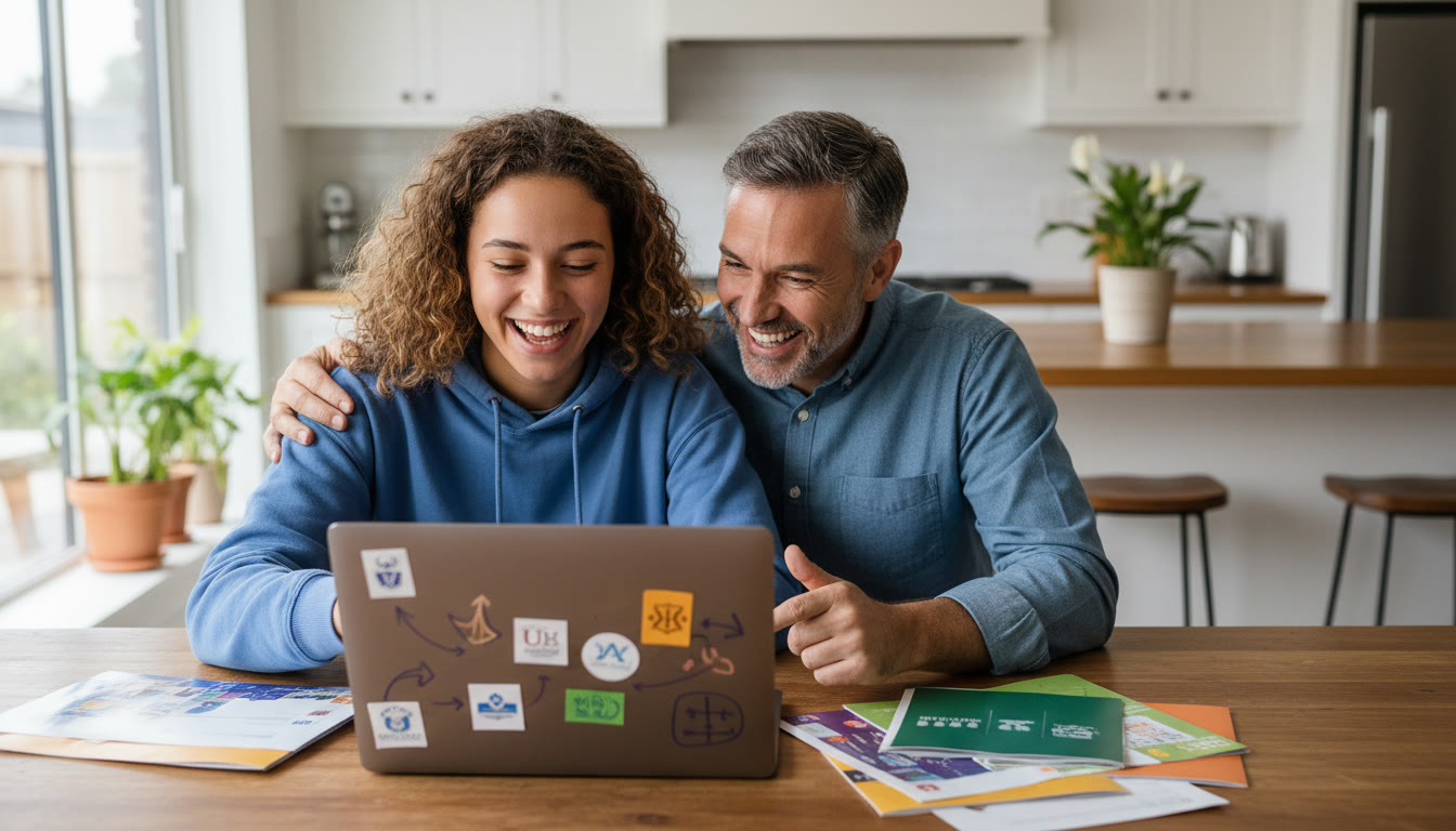 Photo Idea : A student and parent at a kitchen table, laptop open, annotated university brochures spread out, smiling and pointing at a shortlist