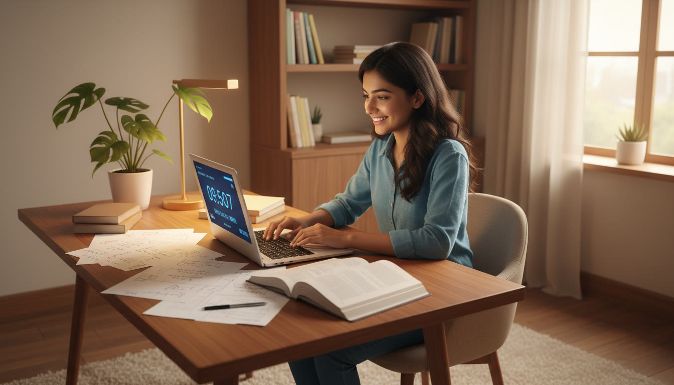 Photo Idea : A student in a quiet study nook solving a full-length mock on a laptop with a visible countdown timer and scatter of notes nearby