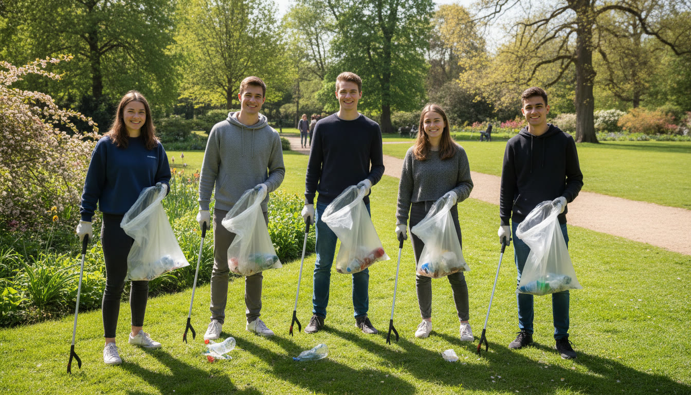 Photo Idea : Small group clearing litter in a park, smiling at camera, daytime