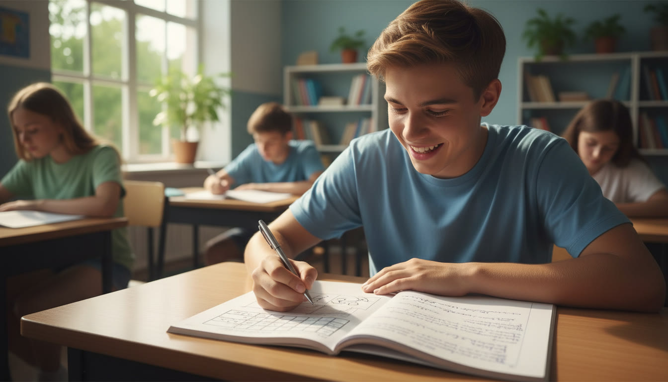 Photo Idea : Student writing exam answers with a neat plan written at the top of the page