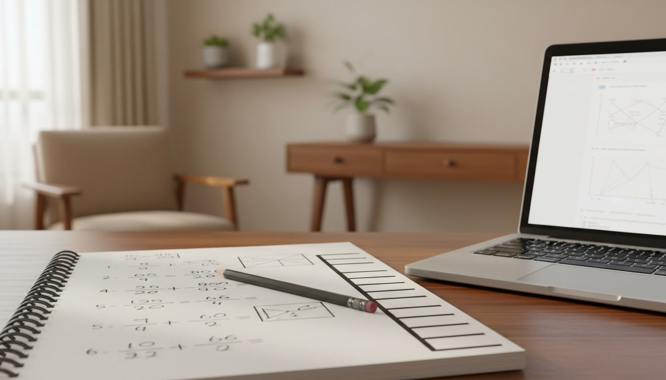 Photo Idea : Close-up of a student’s neat rough-sheet showing numbered steps and boxed final answers beside a laptop screen