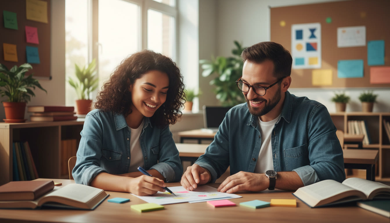 Photo Idea : Student and teacher reviewing a graded assignment together at a desk in a bright classroom
