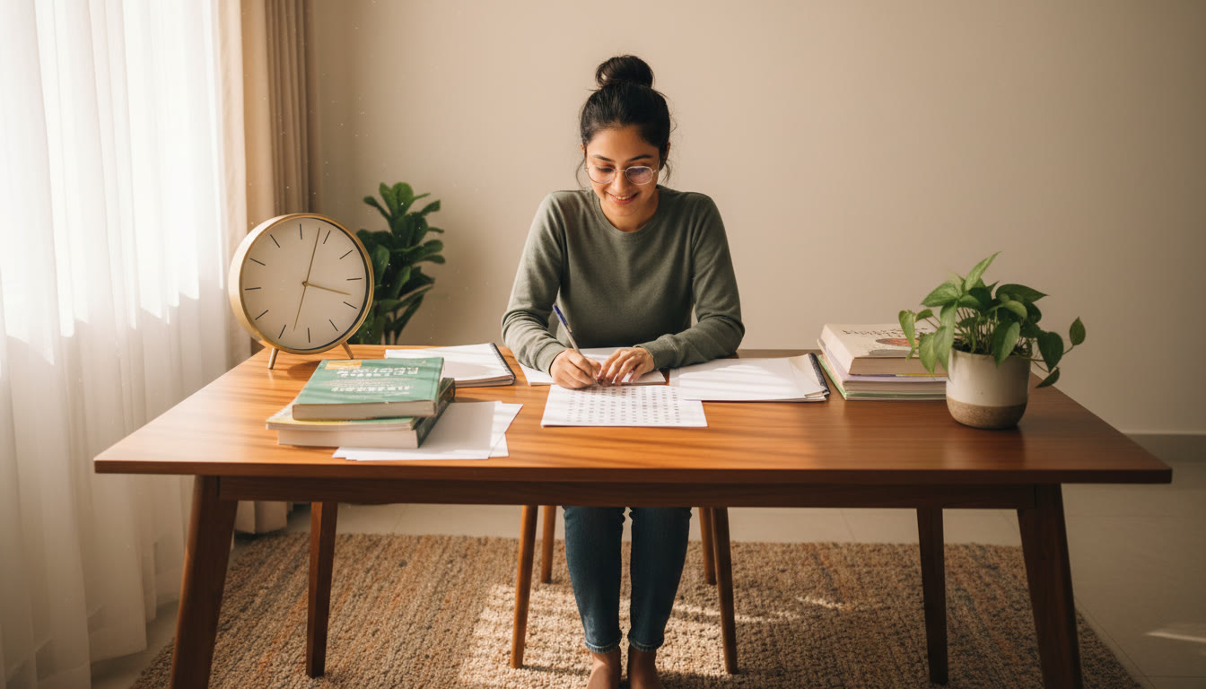 Photo Idea : Focused student at a tidy desk with textbooks, clock, and a mock OMR sheet visible