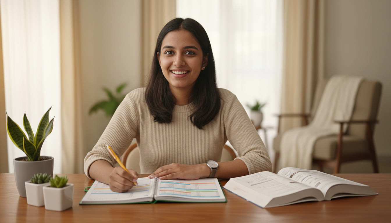 Photo Idea : Student at a desk with color-coded planner, watch, and open textbook