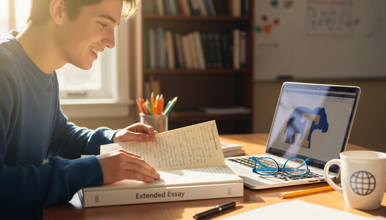 Photo Idea : Close-up of a student turning the pages of a handwritten Extended Essay beside a laptop with a Tufts-themed sticker