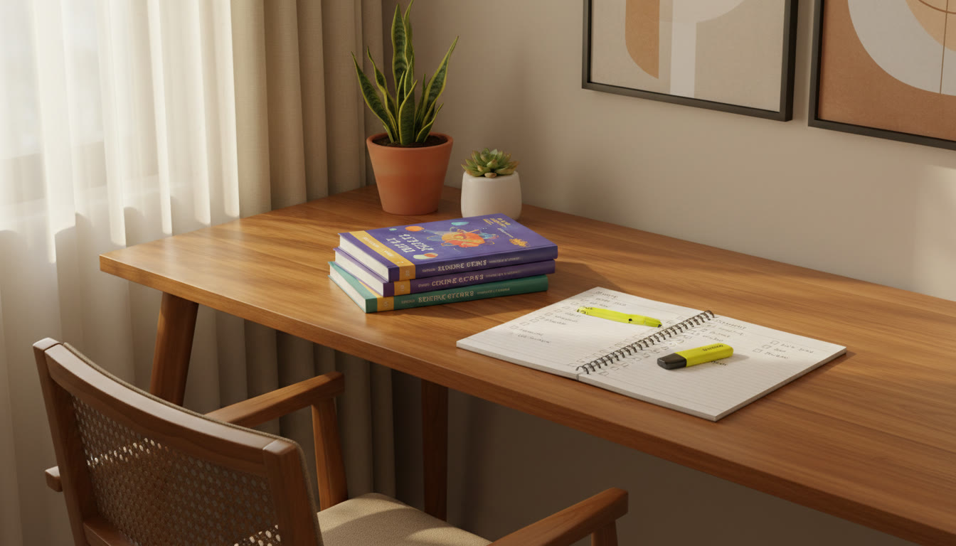 Photo Idea : A neat study desk with science textbooks, a notebook open to a chapter checklist, and a highlighter