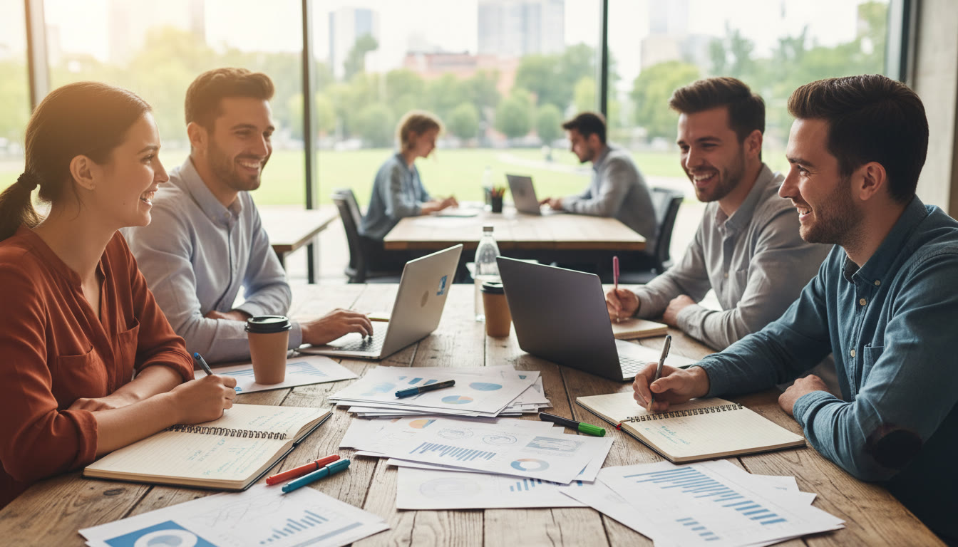 Photo Idea : A small study group around a table discussing a printed business case with laptops and annotated notes