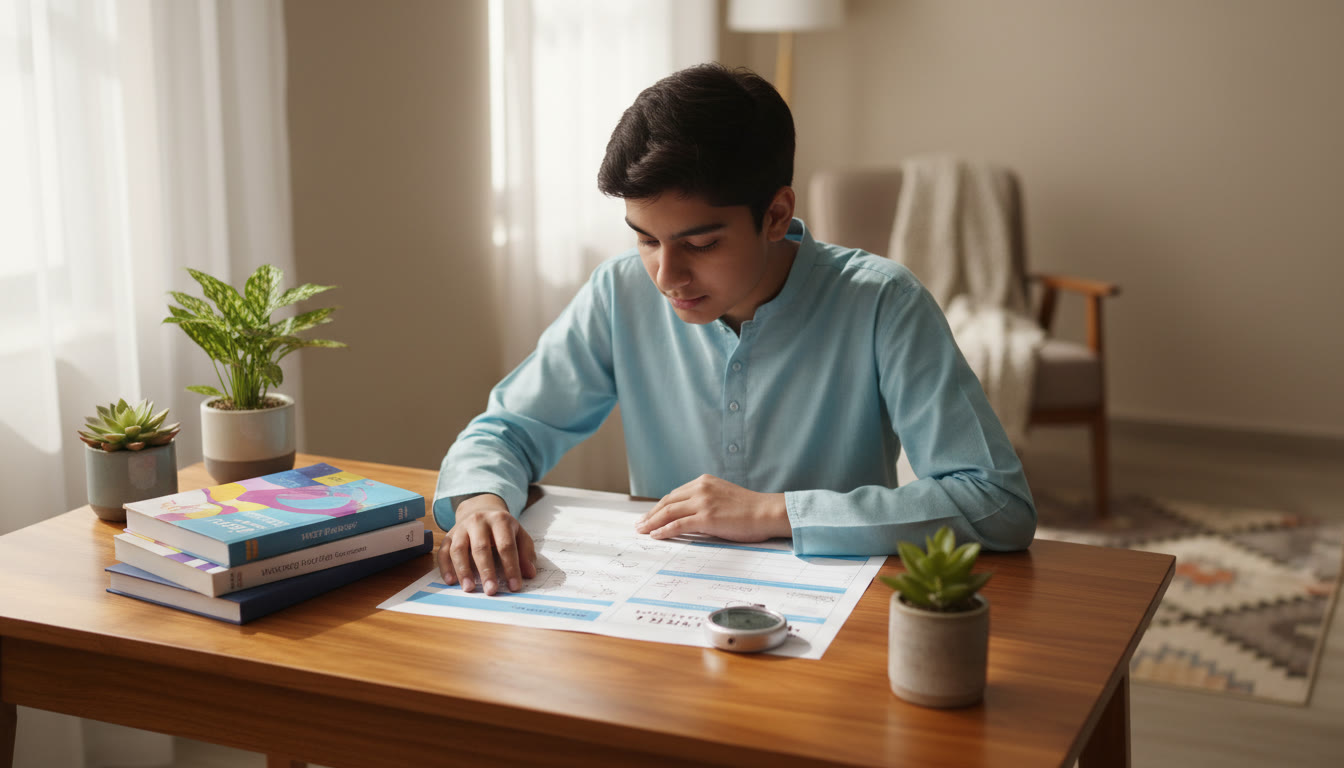 Photo Idea : A focused student at a tidy desk with NEET books, a stopwatch, and a mock test sheet, sunlight on the table