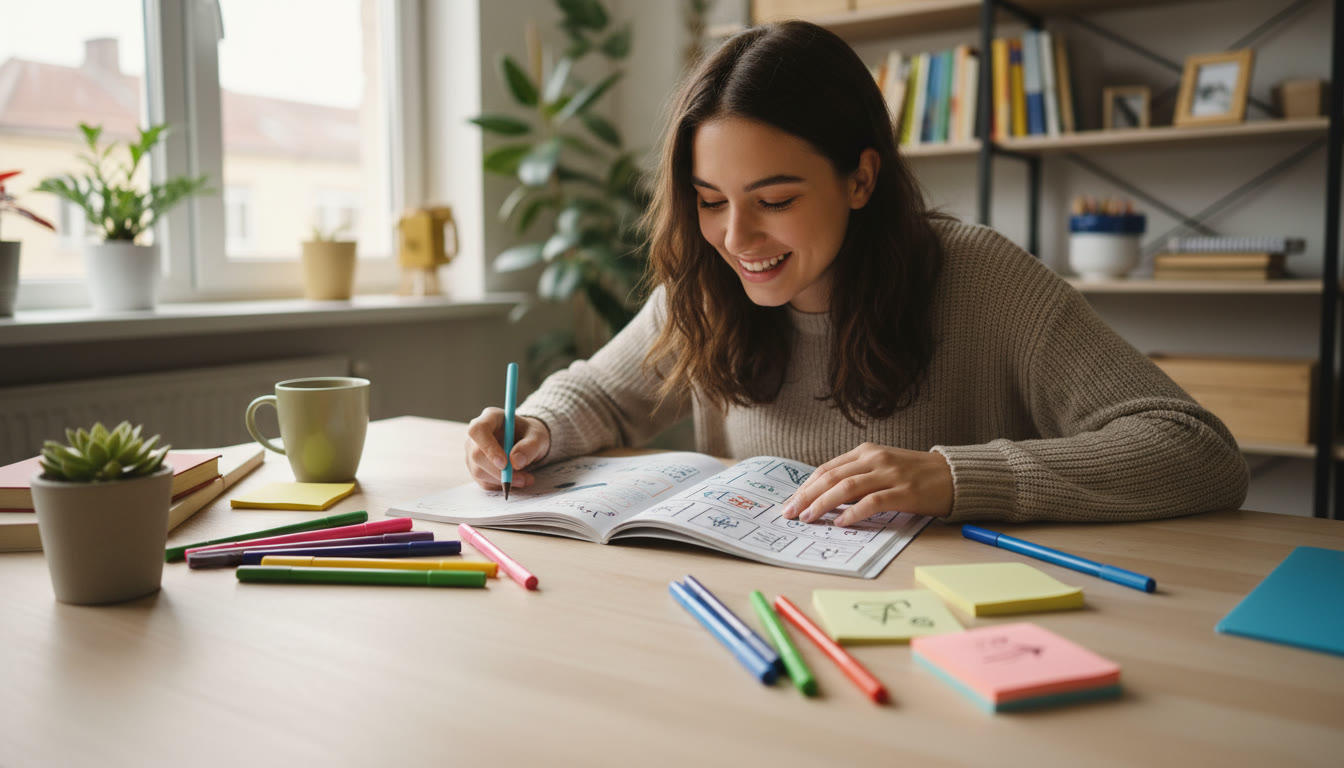 Photo Idea : A student revising a printed zine spread on a table with colored pens and sticky notes