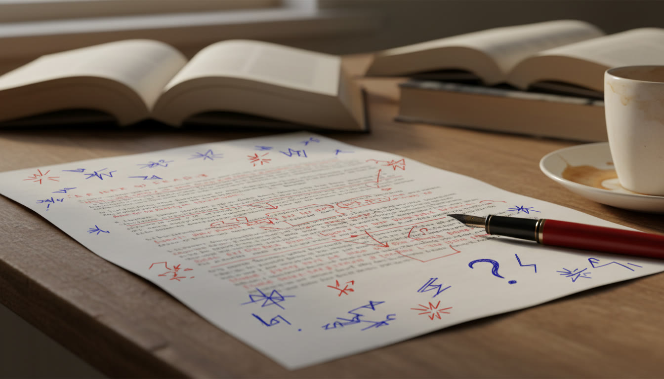 Photo Idea : A close-up of a TOK essay draft annotated with pen notes, arrows, and margin comments
