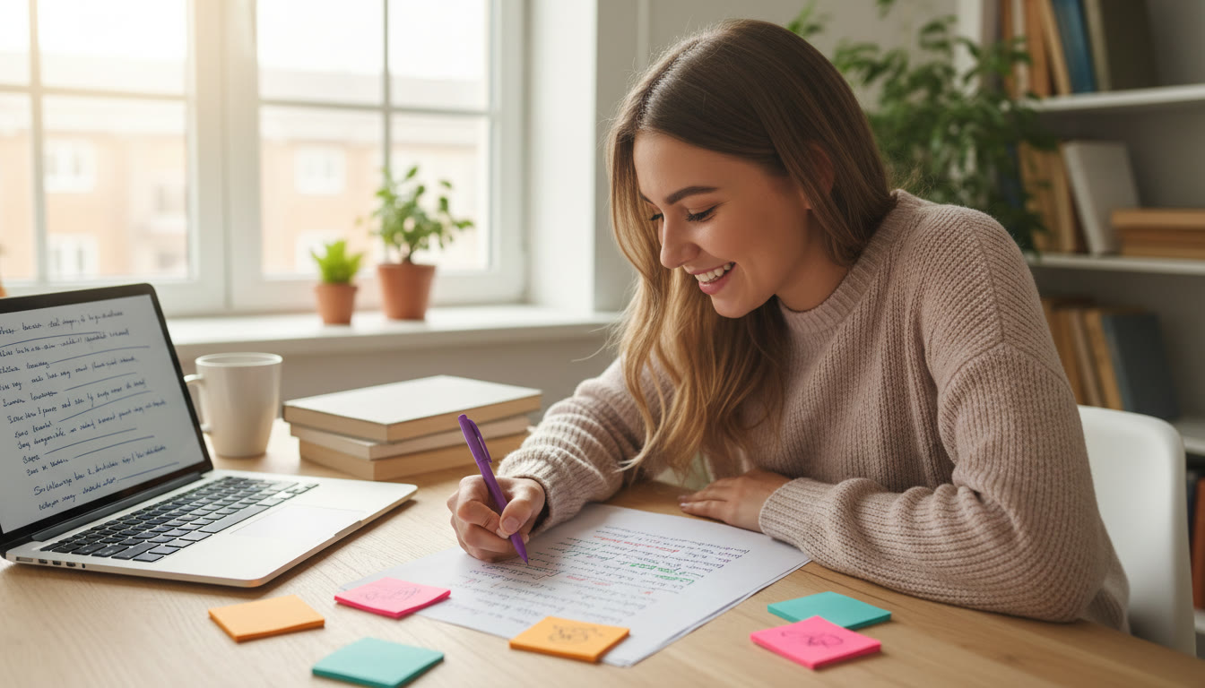 Photo Idea : A student at a desk annotating a printed poem with colored pens, sticky notes, and a laptop open to notes