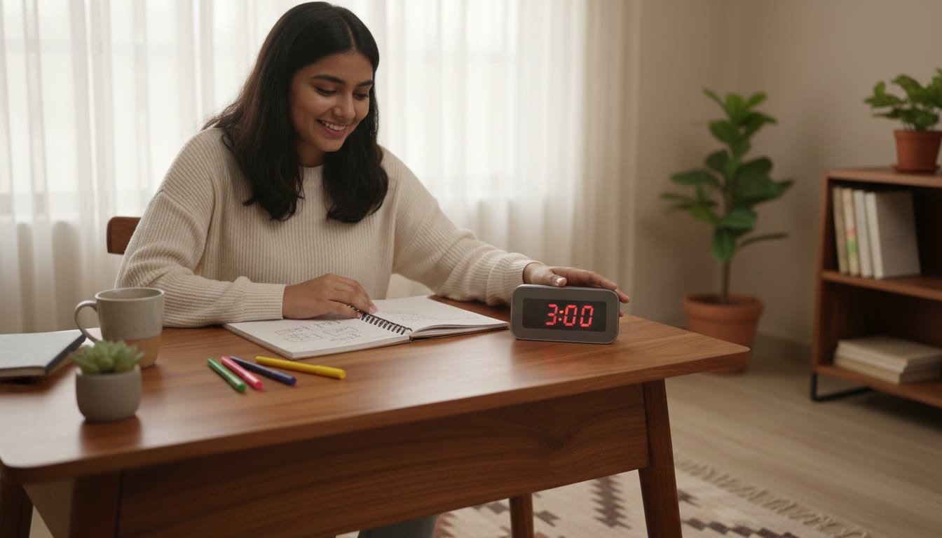 Photo Idea : A student at a study desk with a notebook and a digital timer showing 