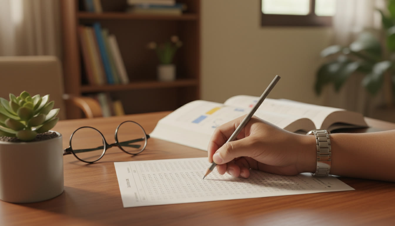 Photo Idea : Close-up of a hand filling an OMR sheet with a pencil and a watch nearby
