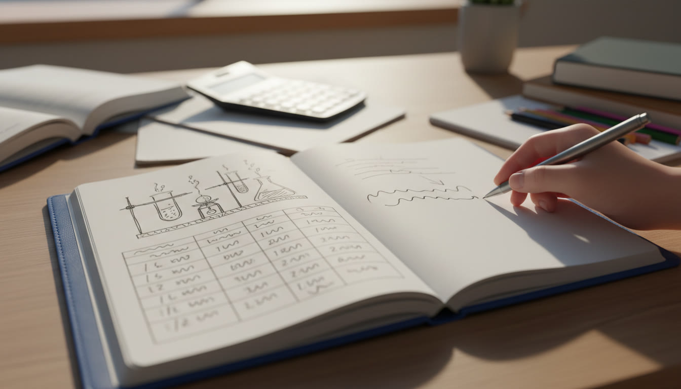 Photo Idea : Close-up of a student notebook showing a lab log, raw data columns and a hand-written note about an anomaly