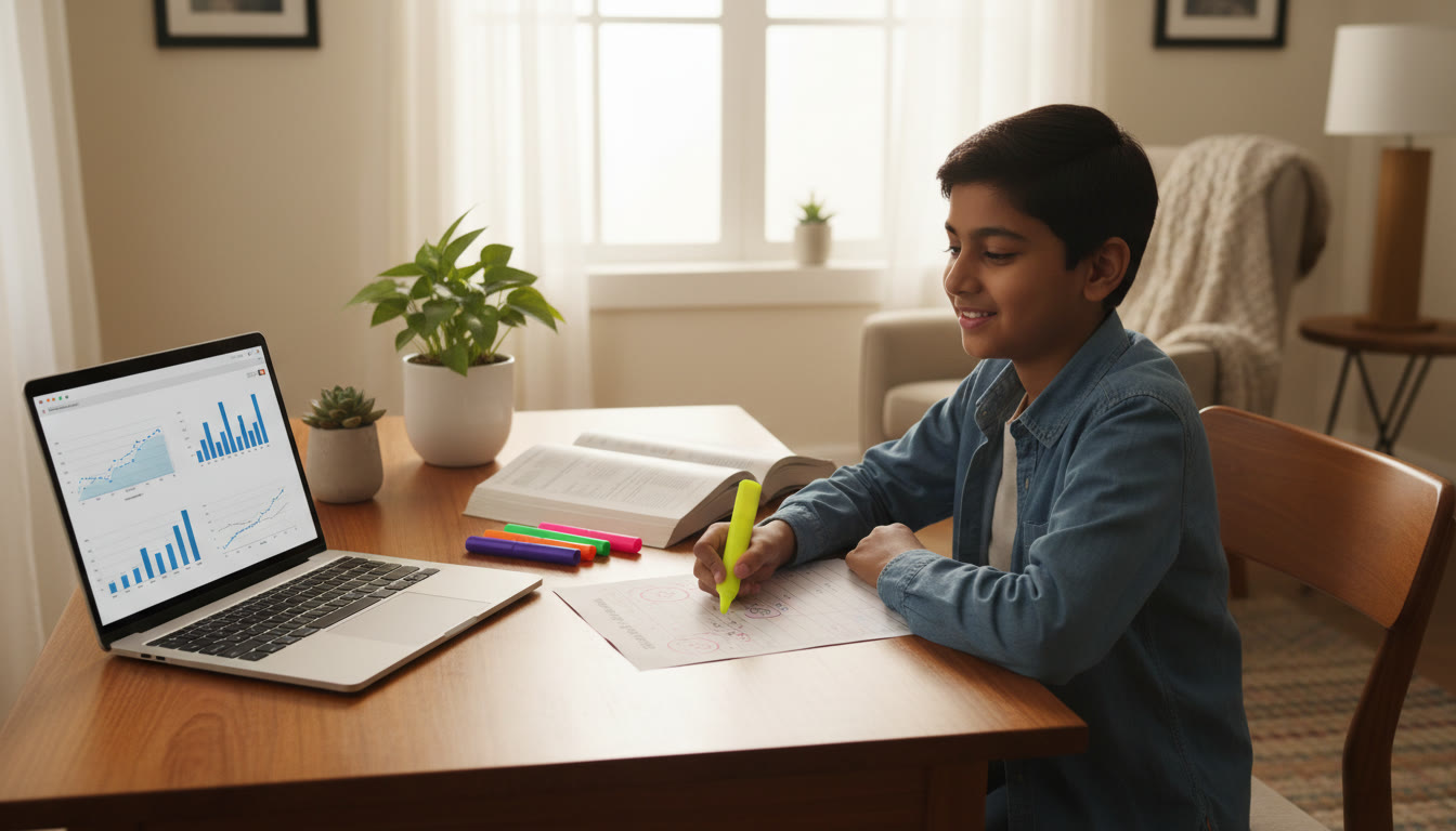 Photo Idea : A focused student at a desk with a marked mock test, highlighters, and a laptop showing performance charts