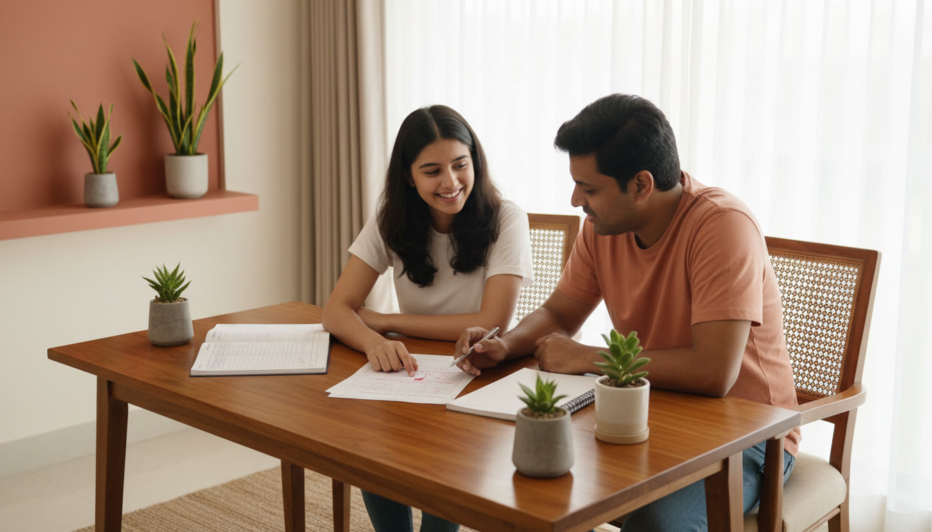 Photo Idea : A student and tutor reviewing a marked mock paper together with a tidy error log