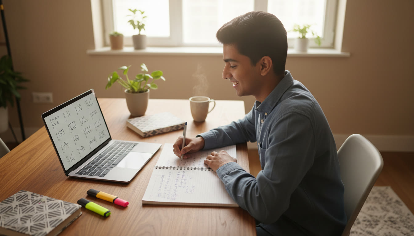 Photo Idea : Student at a desk mid-study with open notebook and a laptop showing practice questions