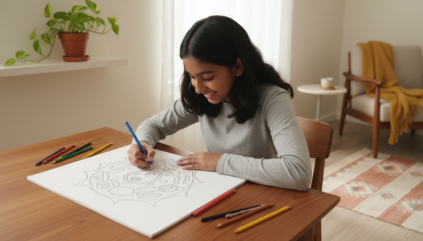 Photo Idea : A student drawing a detailed labelled diagram of a plant cell on a notebook