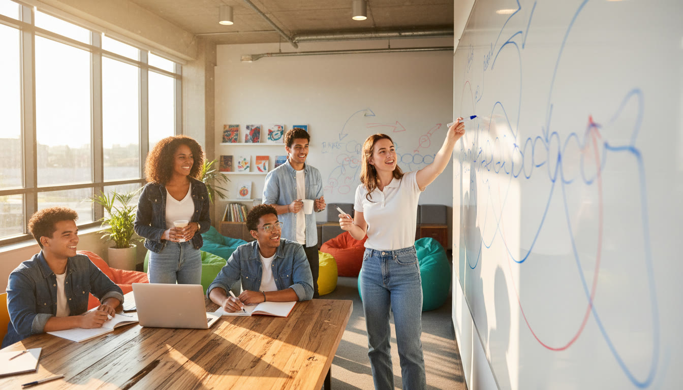 Photo Idea : a diverse group of IB DP students in a bright common room, sketching a CAS project timeline on a whiteboard