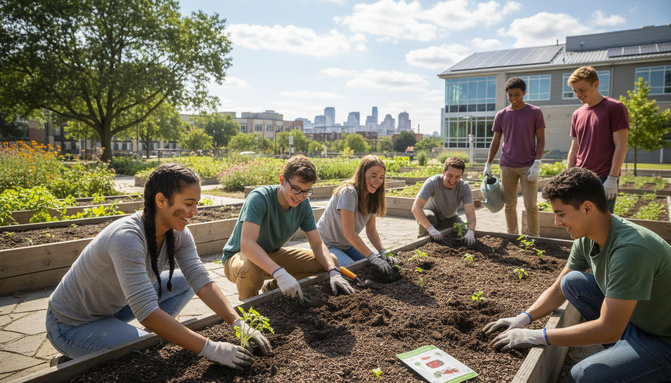 Photo Idea : students collaboratively planting a community garden, hands in soil, smiling