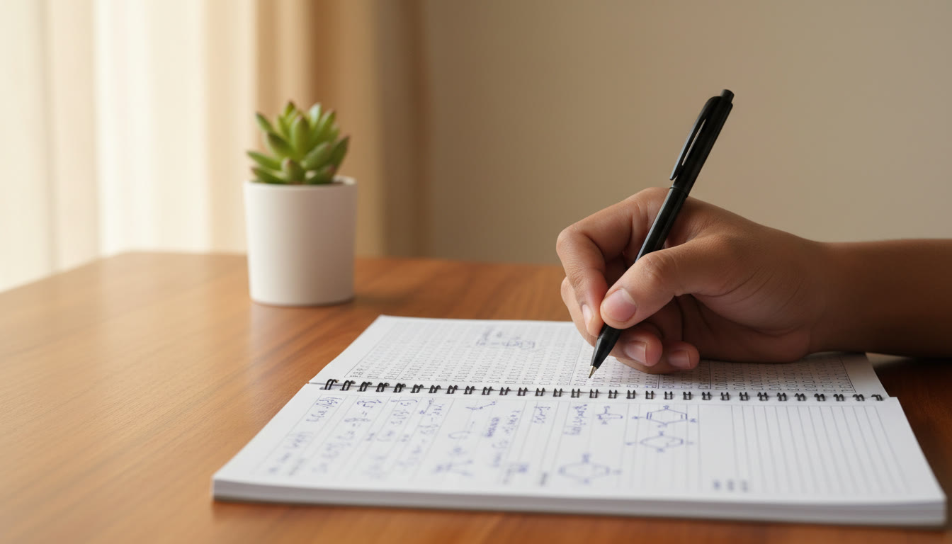 Photo Idea : close-up of a student’s hand marking an OMR sheet beside a notebook with formulas