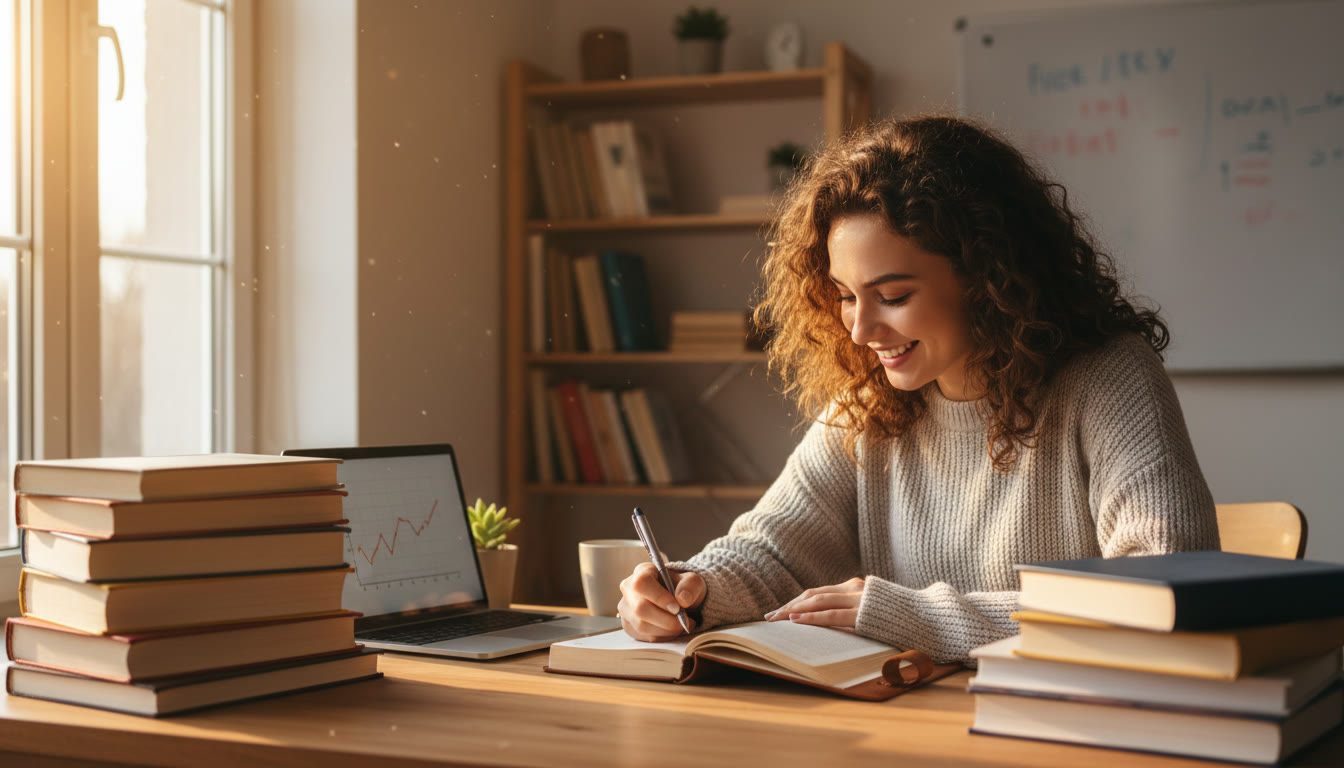 Photo Idea : Student writing in a journal at a desk surrounded by IB textbooks and a laptop, late-afternoon light