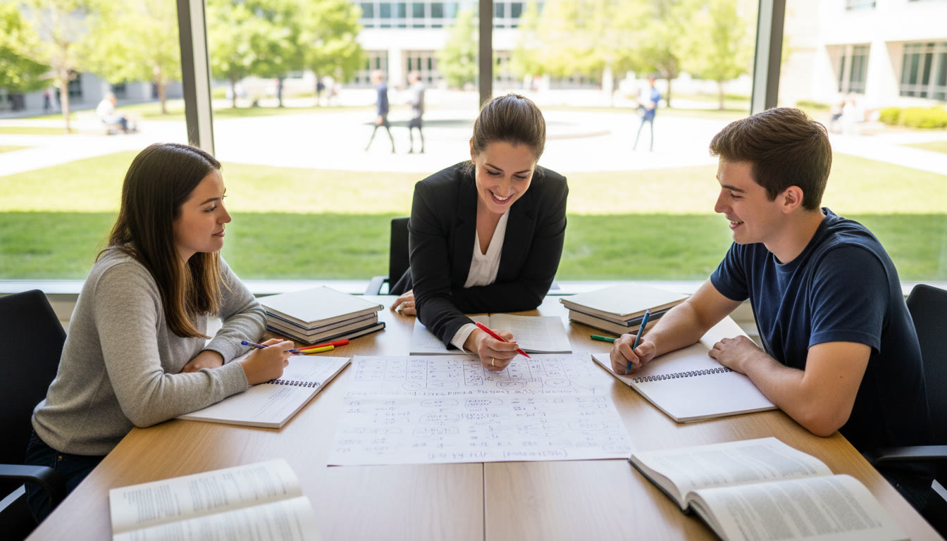 Photo Idea : A small group study session with a tutor guiding a student over a marked-up practice paper