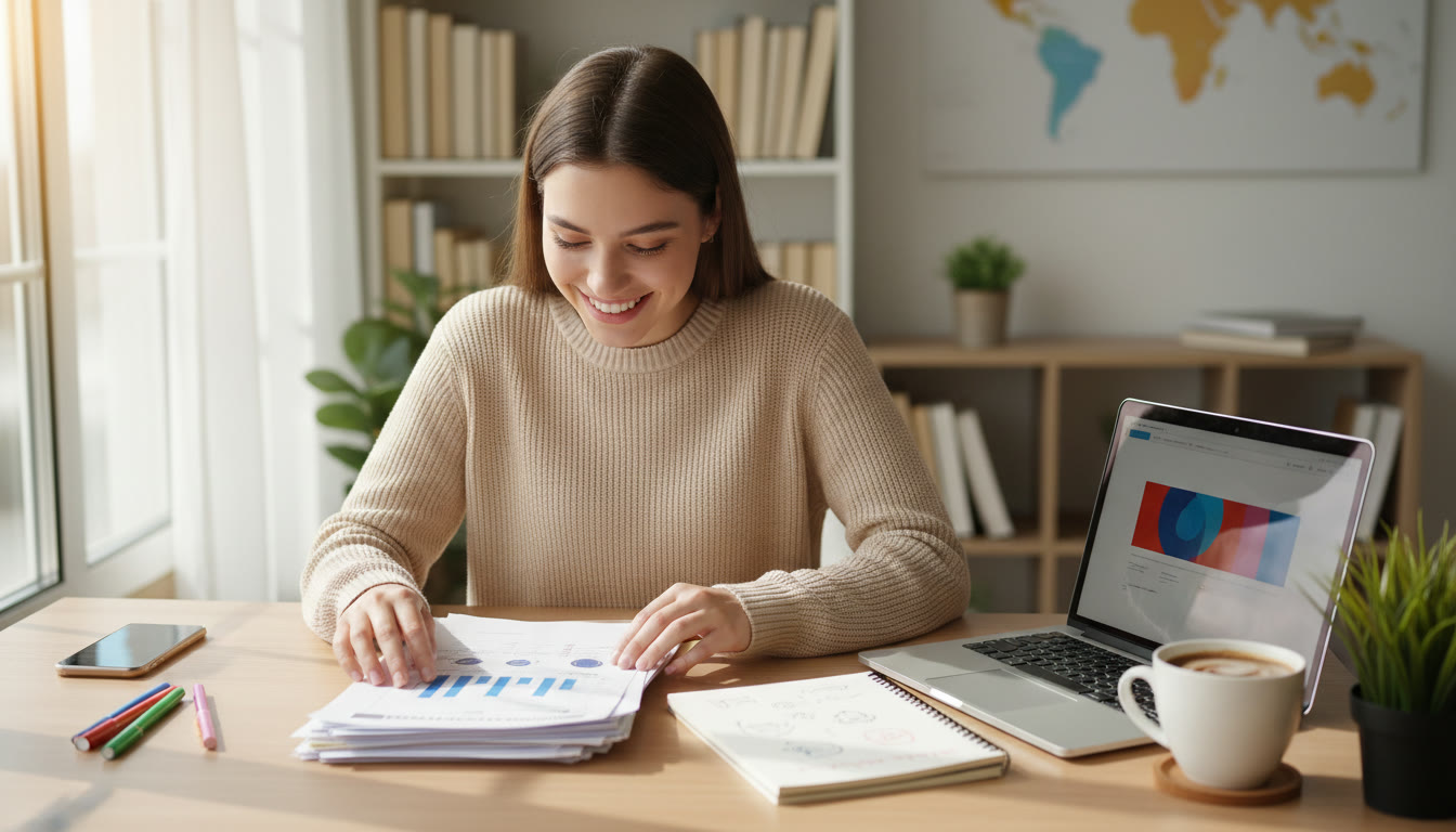 Photo Idea : A student at a tidy desk organizing application documents with a laptop, notebook, and a cup of coffee