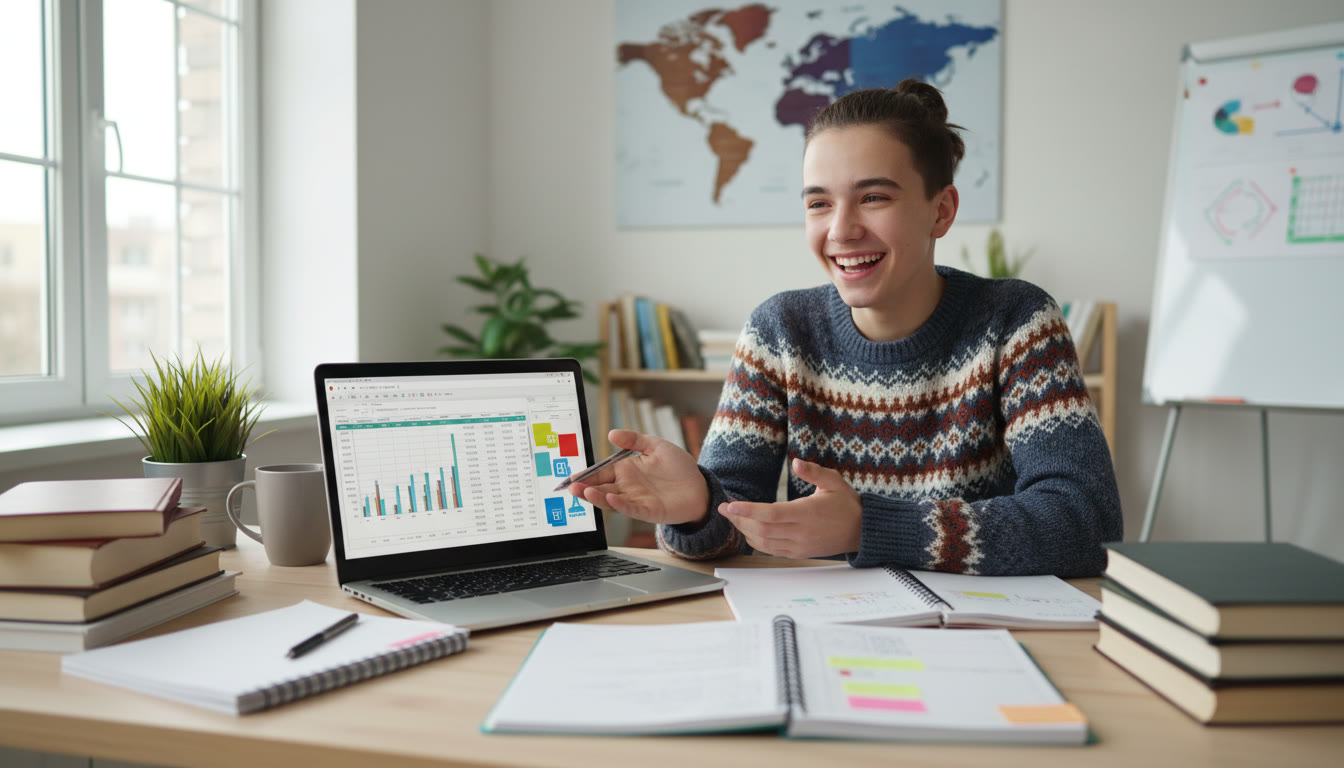 Photo Idea : Student at a tidy desk surrounded by open notebooks and a laptop showing a spreadsheet of predicted grades and universities